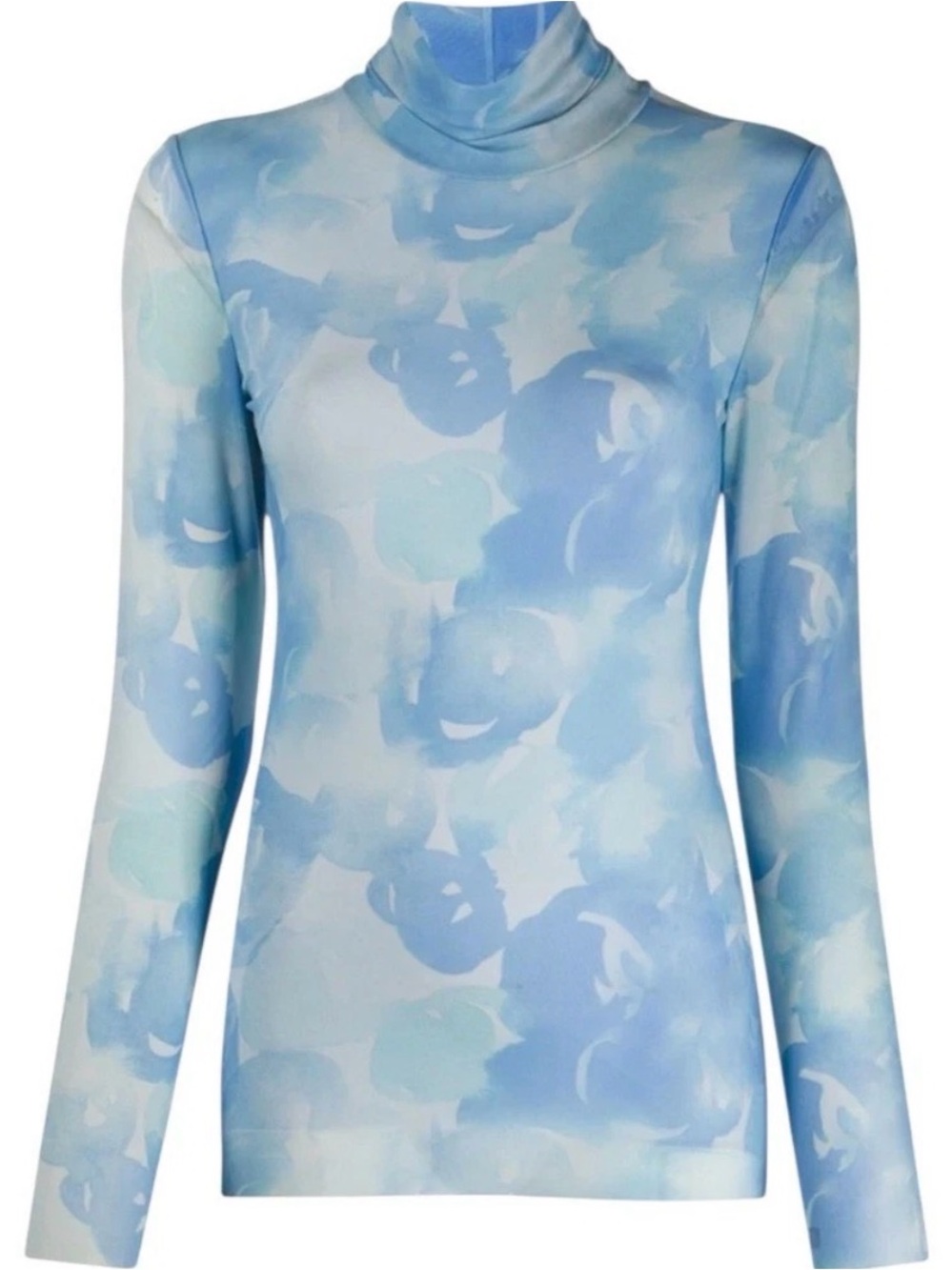 NWT Ganni Blue Floral Mesh Rollover Turtleneck Top Sheer Long Sleeve Fitted XS